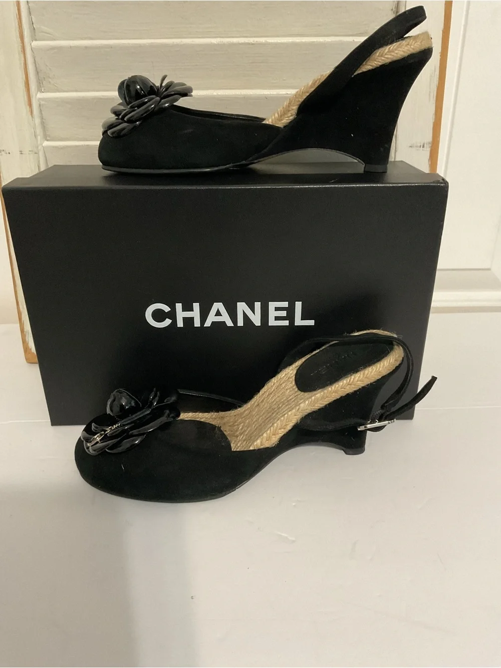 CHANEL Camellia Suede Espadrille Wedge